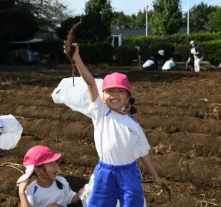 大きなさつまいもを掲げる女の子（農園）